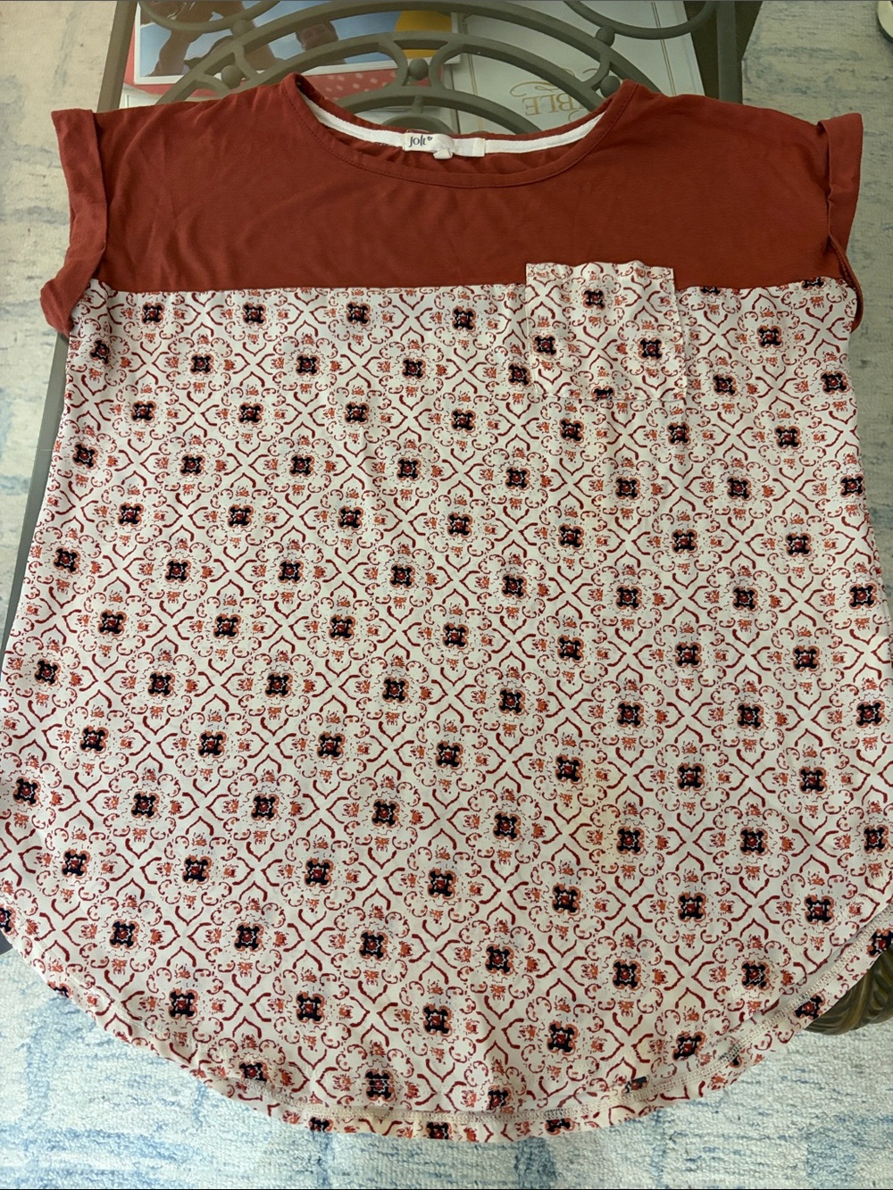 Jolt Rust Yoke Cream Patterned Short Sleeve Tunic